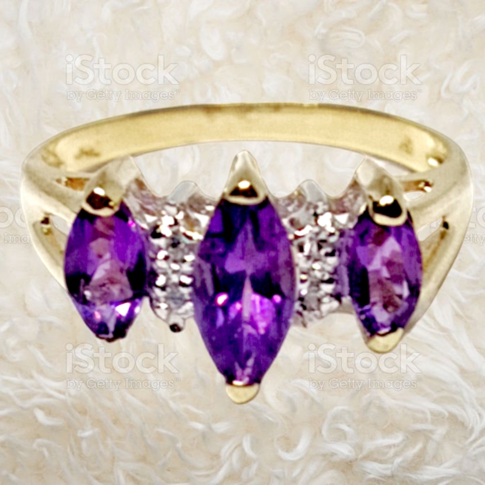 Solid 14k Gold Ring with Marquis Cut Amethyst Gemstones and Round Cut Diamonds